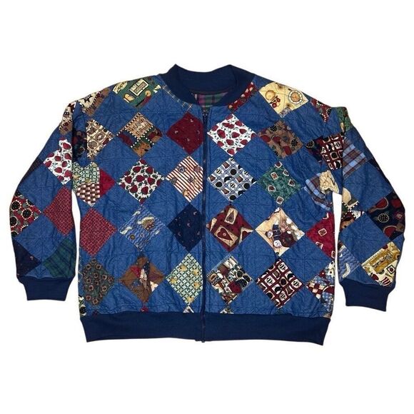 American Vintage 80s Handmade Quilt Patchwork Granny Bomber Jacket - Picture 1 of 5